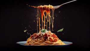 Fresh pasta with hearty Bolognese and parmesan cheese generated by artificial intelligence